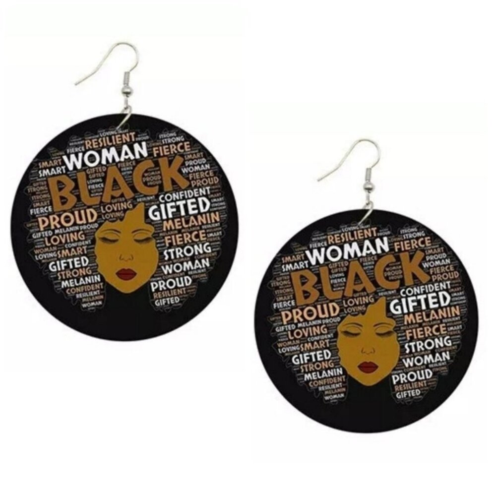 Proud Black Woman Medium Statement Dangle Wood Earrings